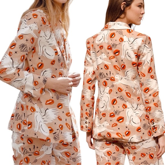LAS SURENAS Wolf Kisses Lip Amore Print Single Button Linen Loose Fit Blazer - Picture 9 of 16